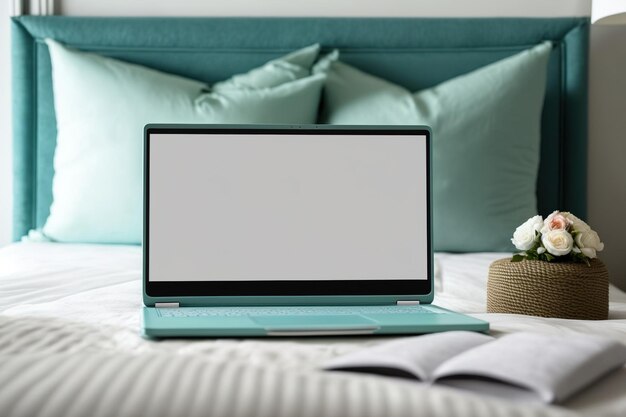 Leeres Laptop-Modell auf dem Bett zum Schreiben und für Werbung