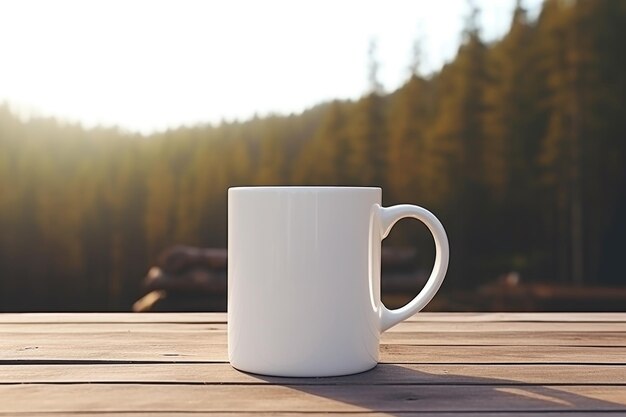 Leeres, leeres Modell eines weißen Kaffeekopfes aus Keramik auf einem natürlichen Waldhintergrund