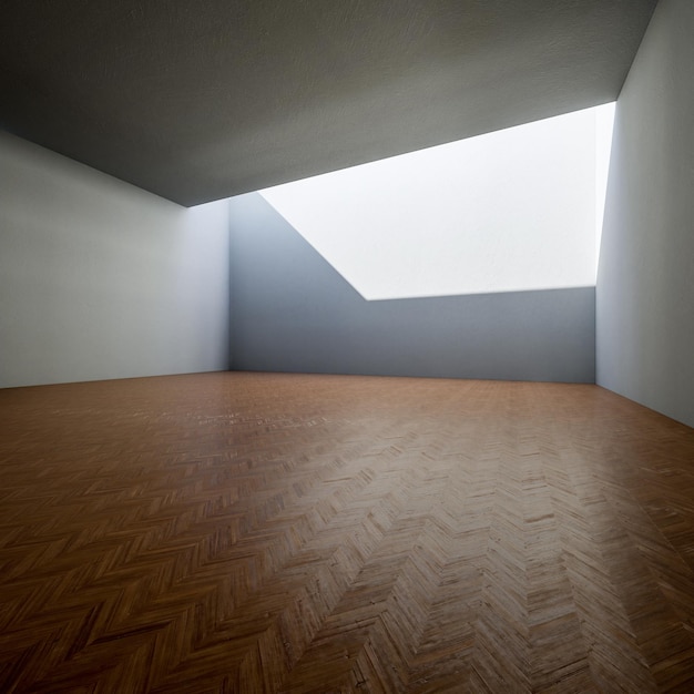 Leeres Loft-Zimmer mit weißen Wänden, Blick auf die Stadt und Betonboden 3D-Render