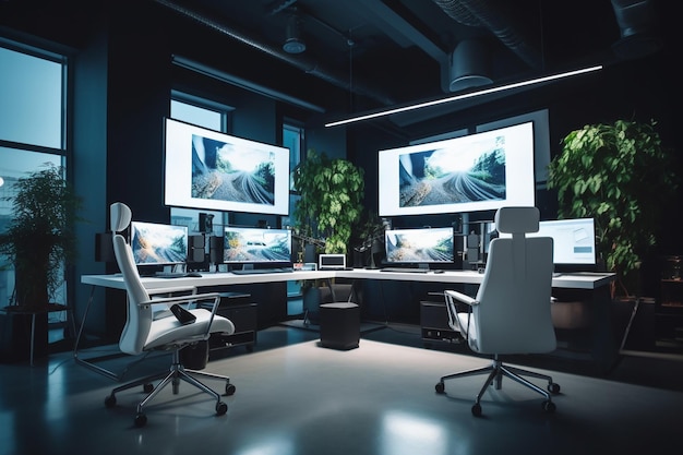 Leeres, modernes Büro einer Kreativagentur mit zwei Monitoren und der Verarbeitung von Videofilmen