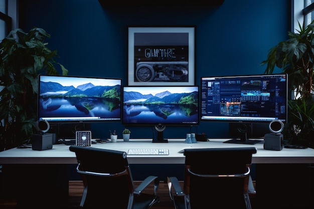 Leeres, modernes Büro einer Kreativagentur mit zwei Monitoren und der Verarbeitung von Videofilmen