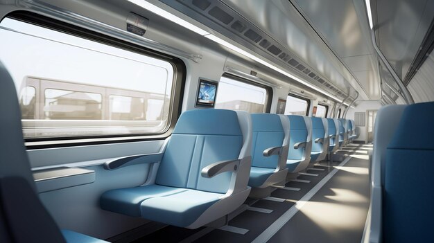Leeres modernes Zuginterieur mit blauen Sitzen im Inneren. Bequemer Hochgeschwindigkeitszug mit Plätzen in der Economy Class. Generative KI