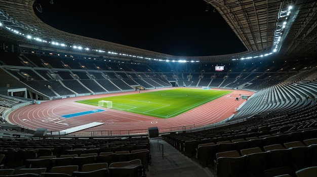 Leeres Nacht-Großstadion mit Sportbeleuchtung Abend- oder Nachtszene Generative Ai
