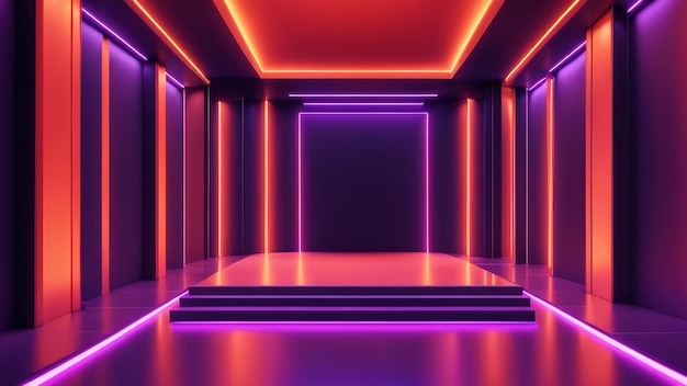 leeres Nachtclub-Interior mit leuchtenden Neon-Panels Korallen abstrakt futuristischer Hintergrund