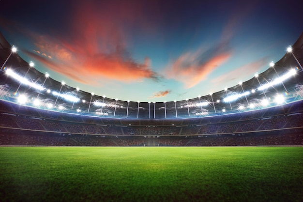 Leeres nachtgroßes Stadion mit Sportlichtabend oder Nachtszene