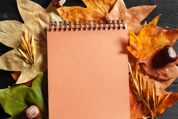 Foto leeres notizbuch umgeben durch herbstlaub