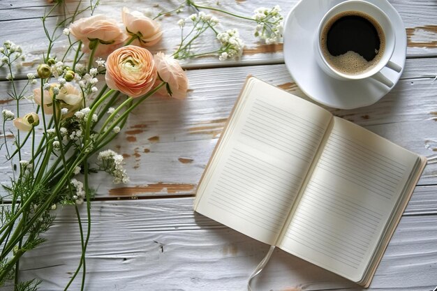 Leeres offenes Notizbuch auf rustikalem Holzhintergrund mit einer Tasse Kaffee