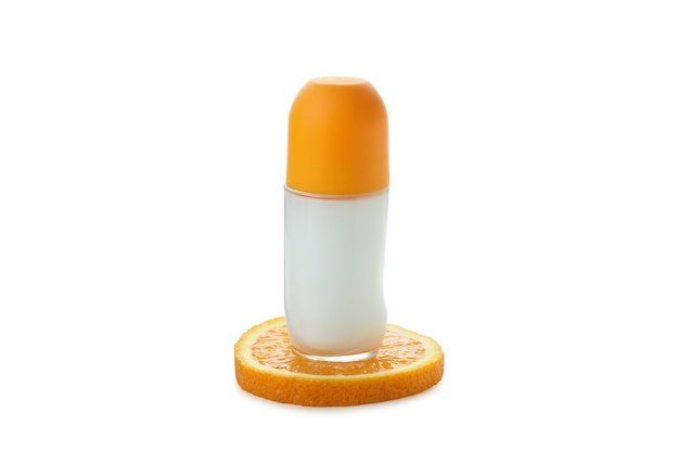 Leeres orange Deodorant lokalisiert auf weißem Hintergrund