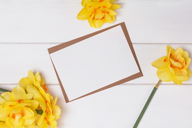 Leeres Papier und gelbe Frühlingsblumen auf dem weißen Holztisch, Draufsicht