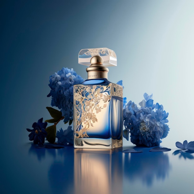 Leeres Parfüm, umgeben von blauen Blumenelementen im Stil des weichgezeichneten Realismus