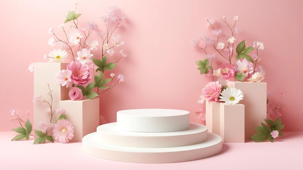 leeres Podium für kosmetische Produkte steht elegant vor einem rosa Hintergrund