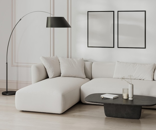 leeres Posterrahmen-Mockup im Wohnzimmer-Interieur in schwarz-weißem französischem Stil mit Moldings weißes Sofa und Wand 3D-Rendering
