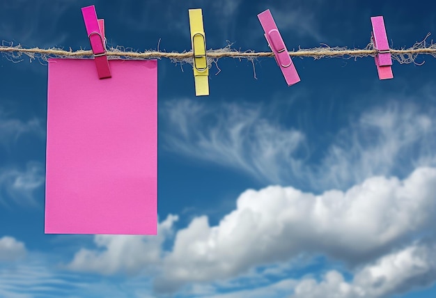 Leeres rosa Papier hängt an einem Seil mit Wäscheklammern gegen einen wunderschönen blauen Himmel mit Wolken, perfekt für Botschaften und Ankündigungen