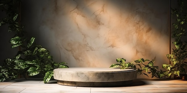 Leeres rundes Podium aus Marmor auf einem nachhaltigen Spa, entspannender Innenraum, Hintergrund mit Topfpflanzen, Schauplatz für Schönheit