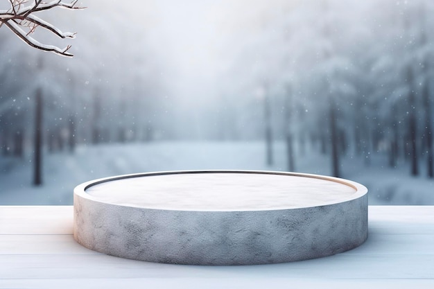 Leeres rundes Steinpodest im winterlichen Hintergrund mit Kopierraum für die Produktpräsentation