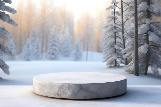 Leeres rundes Steinpodest im winterlichen Hintergrund mit Kopierraum für die Produktpräsentation