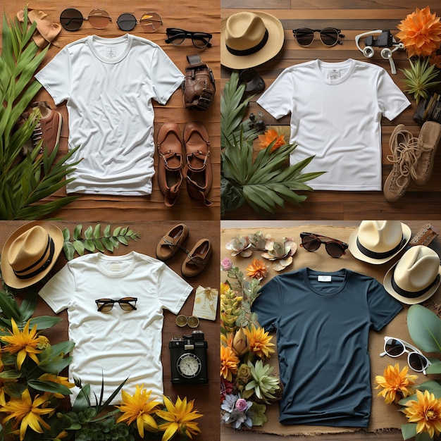 Leeres schlichtes weißes Hemd Foto Vorlage-Mockup-Paket mit Sommer-Zubehör