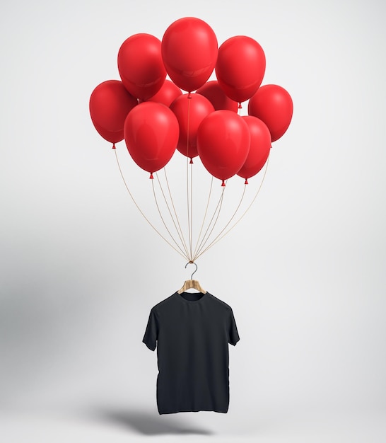 Leeres schwarzes Hemd mit roten Luftballons auf weißem Hintergrund mit Schatten. Konzept zur Feier der Ladeneröffnung. 3D-Rendering