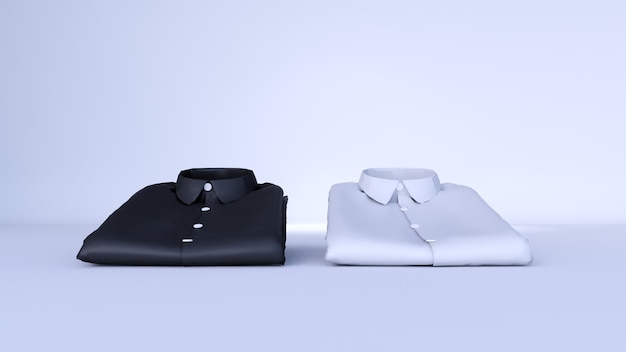 Leeres schwarzes Hemd und leeres weißes Hemd, lokalisiert auf weißem Raum, 3D-Darstellung