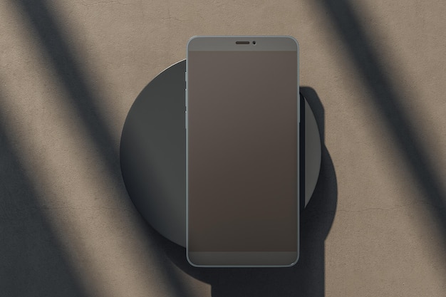 Leeres schwarzes Smartphone-Display auf schwarzem Zylinder auf abstraktem, sonnigem Betonhintergrund Realistisches Handy-Mockup 3D-Rendering