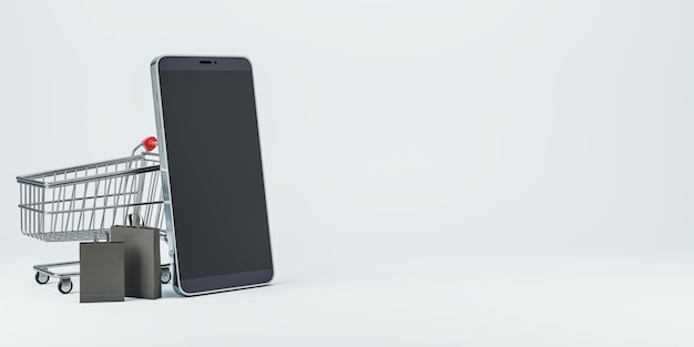 Leeres schwarzes Smartphone mit Einkaufswagen und Taschen auf hellem Hintergrund Online-Shopping- und Kaufkonzept Mock-up-3D-Rendering