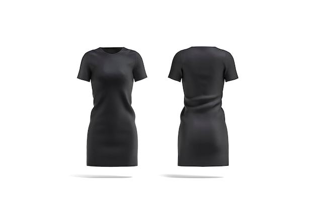 Leeres schwarzes Stoffkleid, Vorder- und Rückansicht, 3D-Rendering. Leere lange Grundstrickwaren für Mädchen-Outfit, isoliert. Klare Mode elegante Kleidung für Frauen.