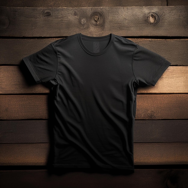 Leeres schwarzes T-Shirt auf einer generativen Holzoberfläche
