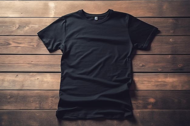 Leeres schwarzes übergroßes T-Shirt auf einer Holzoberfläche Vorlage Mockup Generative aixA