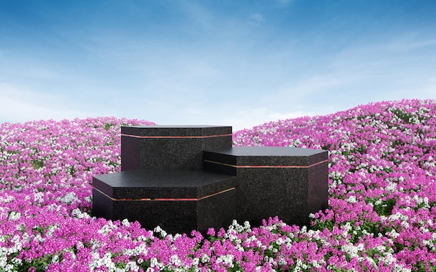 Leeres sechseckiges schwarzes Terrazzo-Podium im Blumenfeld 3D-Rendering-Bild für die Produktpräsentation