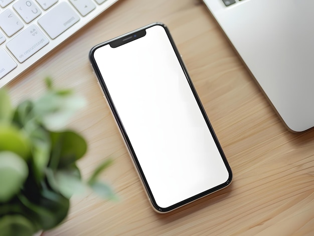 Leeres Smartphone-Mockup auf einem Holzschreibtisch