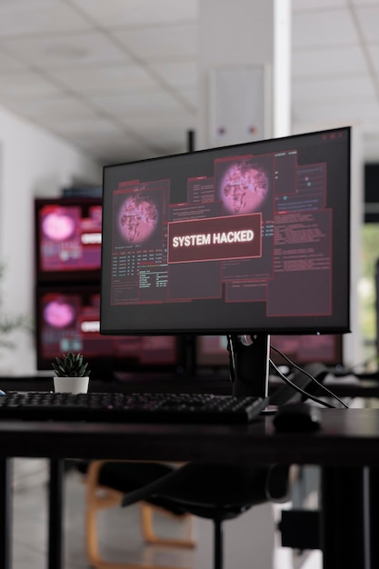 Leeres Softwarebüro mit kritischen Fehlermeldungen, die auf dem PC-Display blinken, mehrere Monitore mit Warnungen vor Sicherheitsverletzungen und Systemabsturz. Hacking-Angriffsalarm und Computerfehlfunktion.