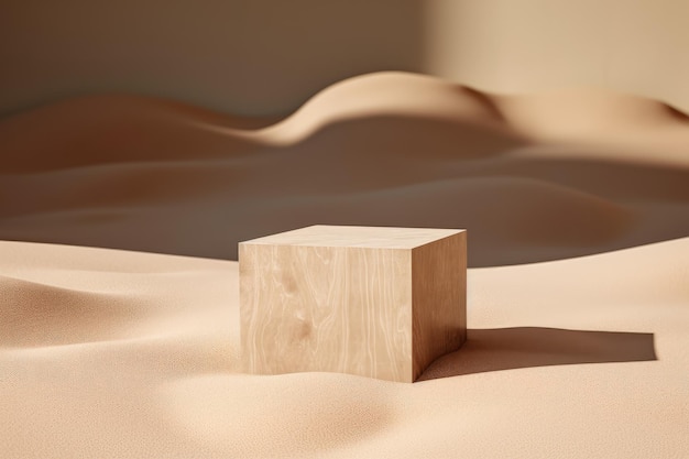 Leeres Steinpodium für die Produktdarstellung auf einem Sandhaufen mit Sonnenschatten