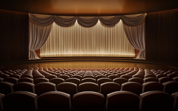 Foto leeres theater mit sitzreihen vor der bühne und vorhängen 3d-rendering