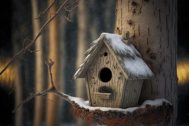Leeres Vogelhaus im Winterwald auf grauer Baumrinde