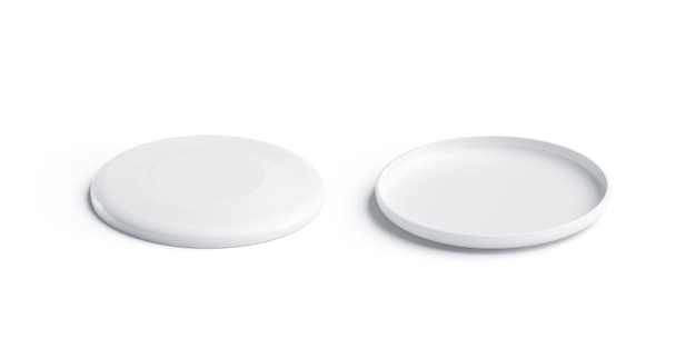 Leeres weißes Frisbee-Mockup aus Kunststoff, isolierte Vorder- und Rückseite