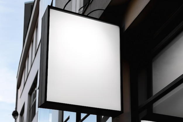 Leeres weißes minimales quadratisches Ladenschild-Mockup für Werbetafel