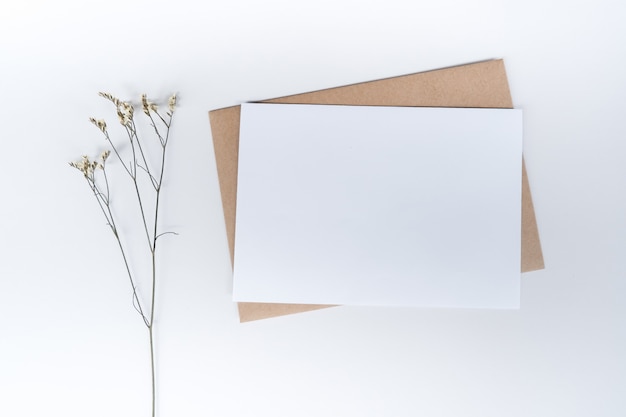 Leeres weißes Papier auf braunem Papierumschlag mit Limonium-Trockenblume. Draufsicht des Bastelpapierumschlags auf weißem Hintergrund.