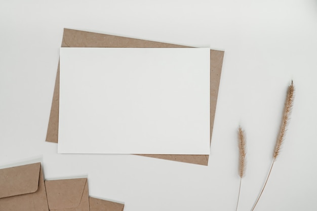 Leeres weißes Papier auf braunem Papierumschlag mit trockener Blume des Borstenfuchsschwanzes. horizontale leere Grußkarte. Draufsicht des Handwerksumschlags auf weißem Hintergrund.