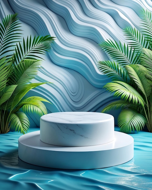 Leeres weißes Podium auf einem abstrakten Wasser-Hintergrund