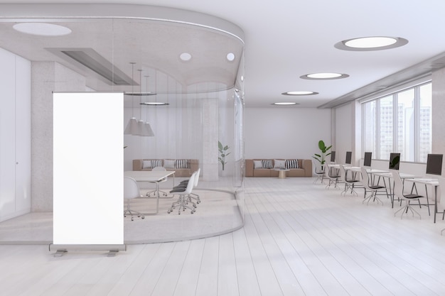 Leeres weißes Poster auf hellem Holzboden vor stilvoller Glaswand und Konferenzraum mit runder Ecke mit modernen Möbeln und Lampen in einem geräumigen weißen Coworking-Büro 3D-Rendering-Attrappe