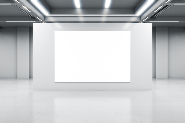 Leeres weißes Poster auf hellgrauer Betontrennwand in leerer Industriehalle mit LED-Lampen oben und glänzendem Boden 3D-Rendering-Mockup
