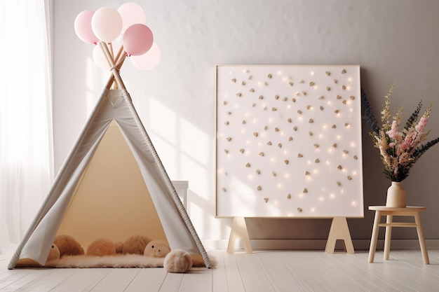 Leeres weißes Poster auf Staffelei vor einem Fotoshooting in einem Tipi mit Luftballons