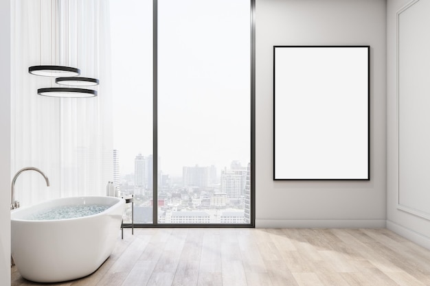 Leeres weißes Poster in schwarzem Rahmen an heller Wand in der Nähe eines großen Fensters mit Blick auf die Stadt im modernen Badezimmer mit weißer Badewanne und schwarzen Lampen 3D-Rendering-Attrappe