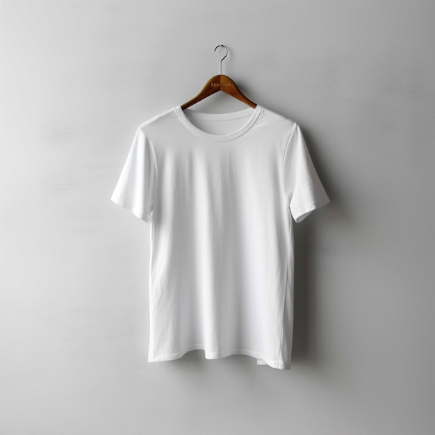 Leeres weißes T-Shirt, das an einem hölzernen Kleiderbügel an der Wand hängt