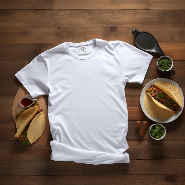 Leeres weißes T-Shirt, das in Schlafposition auf einem Tisch liegt und mehrere Tacos-Essen bietet