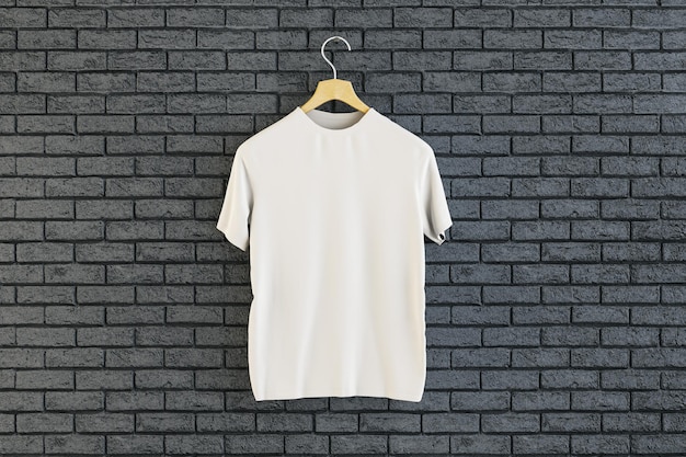 Leeres weißes T-Shirt hängt auf schwarzem Ziegelsteinwandhintergrund Werbe-Textil- und Mode-Konzept 3D-Rendering