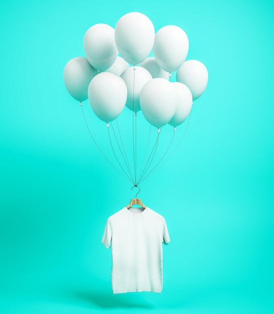 Leeres weißes T-Shirt mit Luftballons auf blauem Hintergrund mit Schatten. Konzept zur Feier der Ladeneröffnung. 3D-Rendering