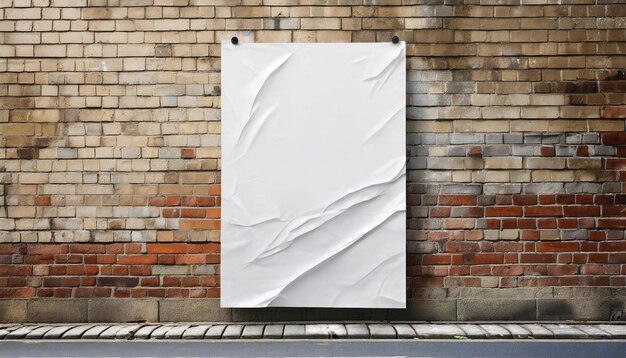 Foto leeres weißes, zerknittertes poster an einer ziegelsteinmauer auf der straße