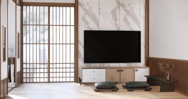 Leeres Wohnzimmer im Japandi-Stil mit minimalistisch dekoriertem TV-Schrank