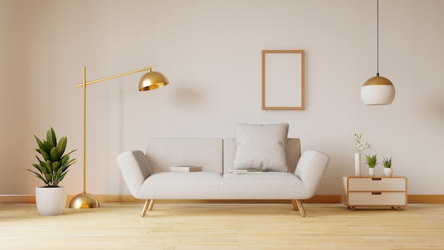 Leeres Wohnzimmer mit blauem Gewebesofa, Lampe und Anlagen. 3D-Rendering